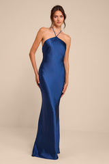 Roya Navy Satin Halter Backless Maxi Dress