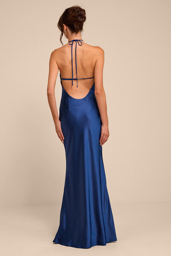Roya Navy Satin Halter Backless Maxi Dress