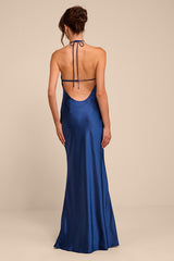 Roya Navy Satin Halter Backless Maxi Dress