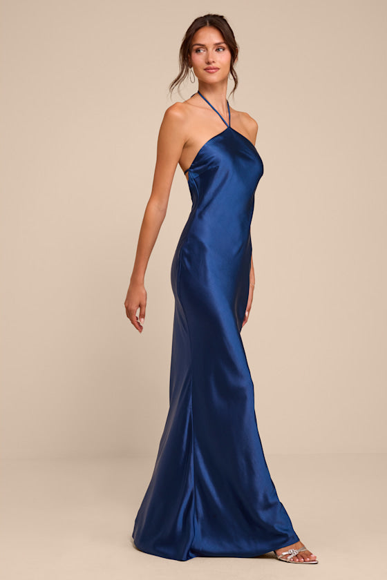 Roya Navy Satin Halter Backless Maxi Dress