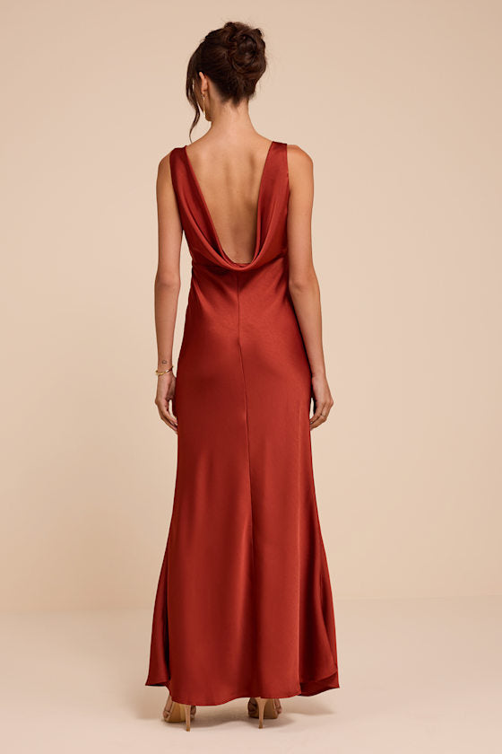 Hatley Rust Red Satin Cowl Back Maxi Dress