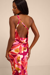 Sandria Magenta Multi Floral Satin One-Shoulder Maxi Dress