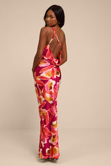 Sandria Magenta Multi Floral Satin One-Shoulder Maxi Dress