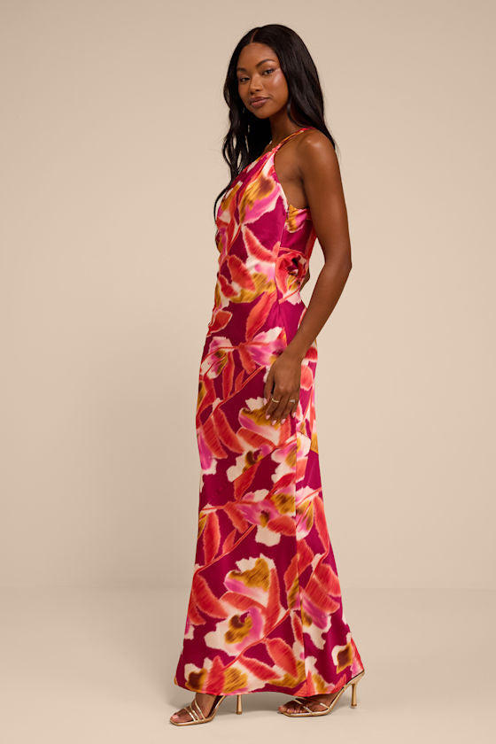 Sandria Magenta Multi Floral Satin One-Shoulder Maxi Dress