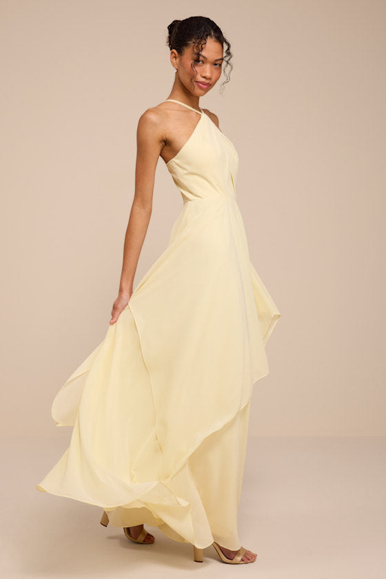 Aletta Pale Yellow Tiered Halter Maxi Dress