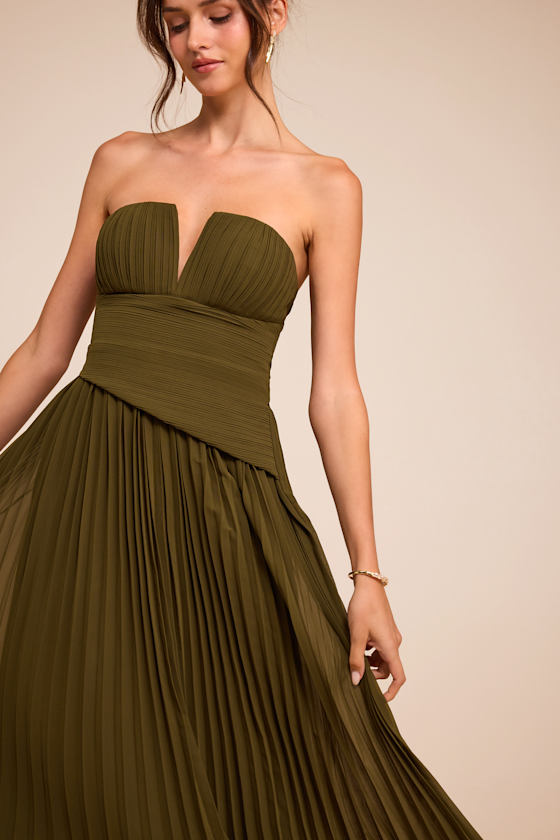Zea Olive Green Pleated Drop Waist Maxi Dress