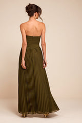 Zea Olive Green Pleated Drop Waist Maxi Dress