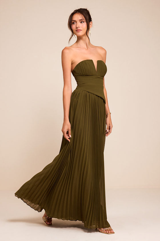 Zea Olive Green Pleated Drop Waist Maxi Dress