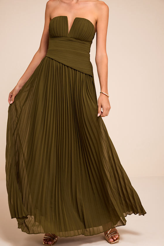 Zea Olive Green Pleated Drop Waist Maxi Dress