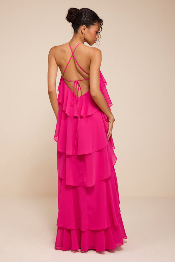 Aveley Hot Pink Tiered Shift Maxi Dress