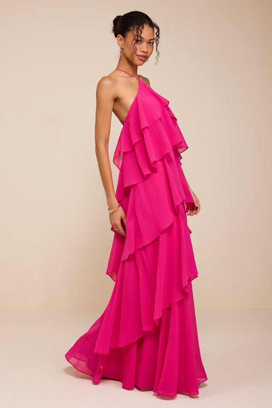 Aveley Hot Pink Tiered Shift Maxi Dress