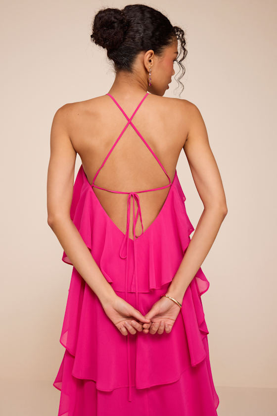 Aveley Hot Pink Tiered Shift Maxi Dress