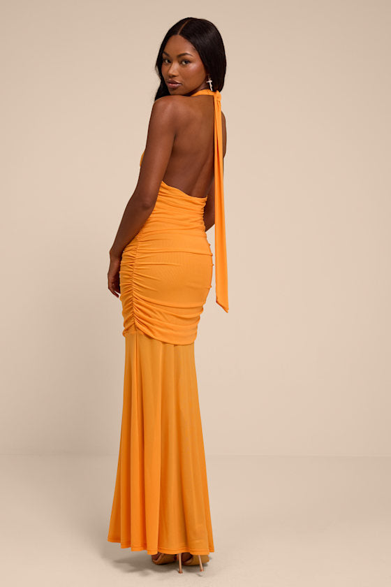 Orla Light Orange Mesh Mermaid Maxi Dress
