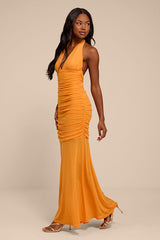Orla Light Orange Mesh Mermaid Maxi Dress