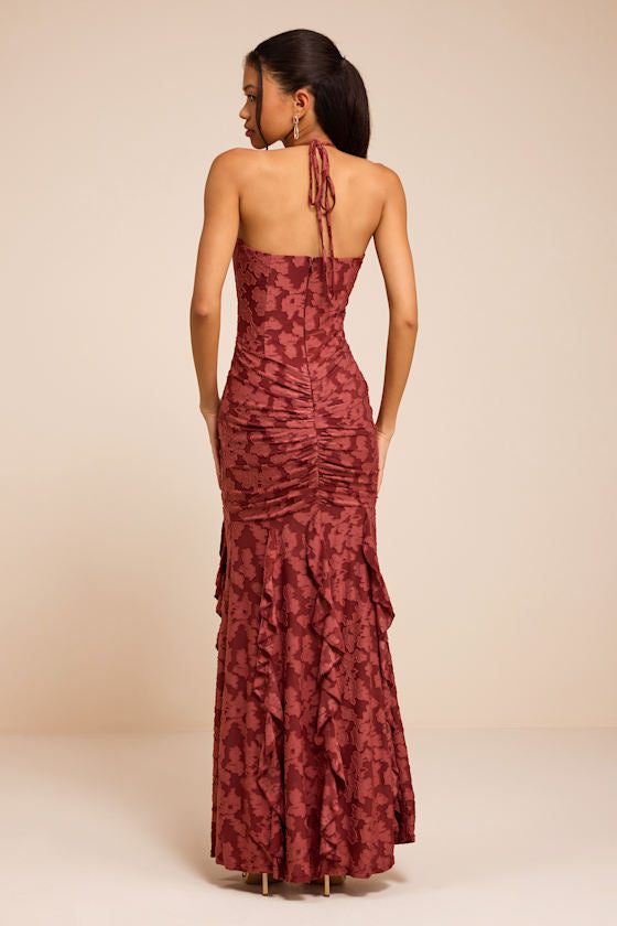 Dimona Rusty Rose Floral Burnout Ruched Maxi Dress
