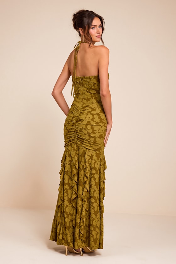Dimona Olive Floral Burnout Ruched Maxi Dress