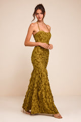 Dimona Olive Floral Burnout Ruched Maxi Dress