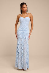 Dimona Light Blue Floral Burnout Ruched Maxi Dress
