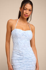Dimona Light Blue Floral Burnout Ruched Maxi Dress