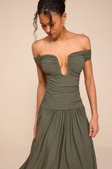 Aniya Olive Jersey Knit Drop Maxi Dress