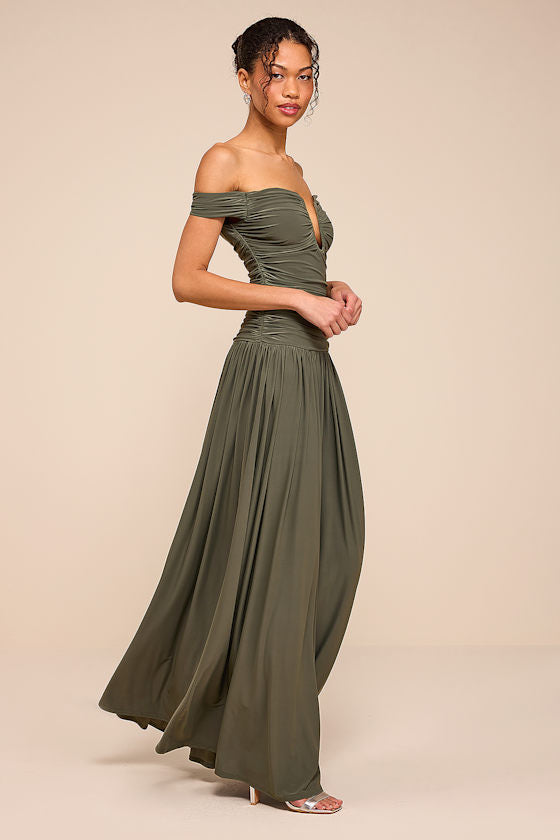 Aniya Olive Jersey Knit Drop Maxi Dress