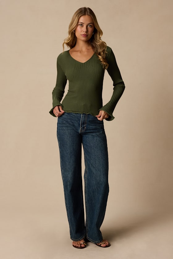 Pruett Olive Green Ribbed Knit Long Sleeve Top
