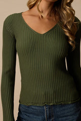 Pruett Olive Green Ribbed Knit Long Sleeve Top