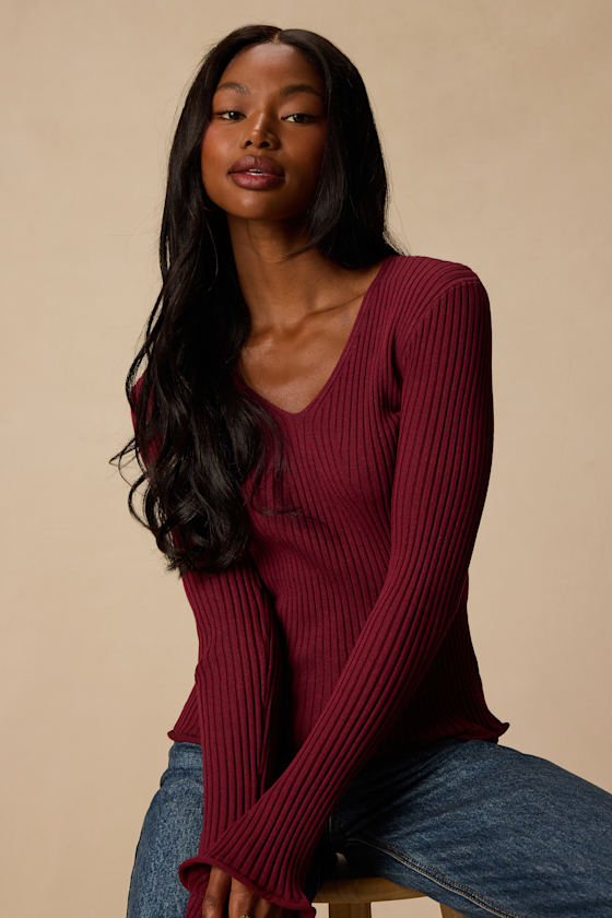 Pruett Burgundy Ribbed Knit Long Sleeve Top