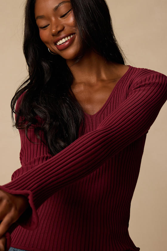 Pruett Burgundy Ribbed Knit Long Sleeve Top