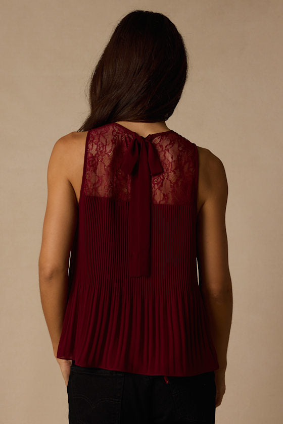 Eleanor Wine Red Lace Pleated Tank Top