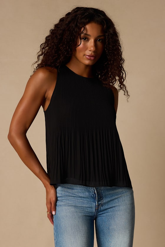 Eleanor Black Lace Pleated Tank Top