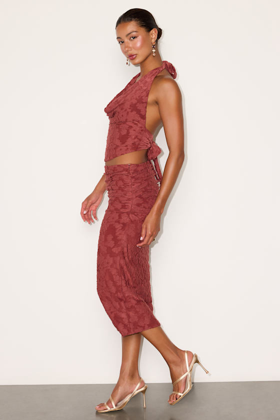 Lyta Rusty Rose Floral Jacquard Two-Piece Midi Dress