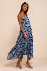 Deja Navy Floral Jacquard One-Shoulder Shift Midi Dress