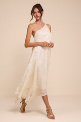 Deja Ivory Floral Jacquard One-Shoulder Shift Midi Dres