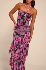 Donella Black Multi Floral Mesh Ruffled Maxi Dress