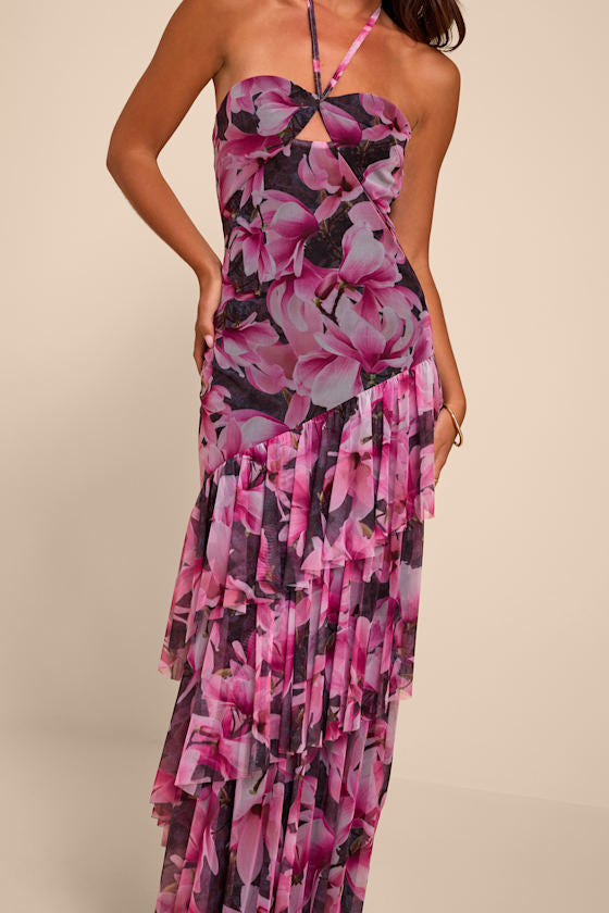 Donella Black Multi Floral Mesh Ruffled Maxi Dress