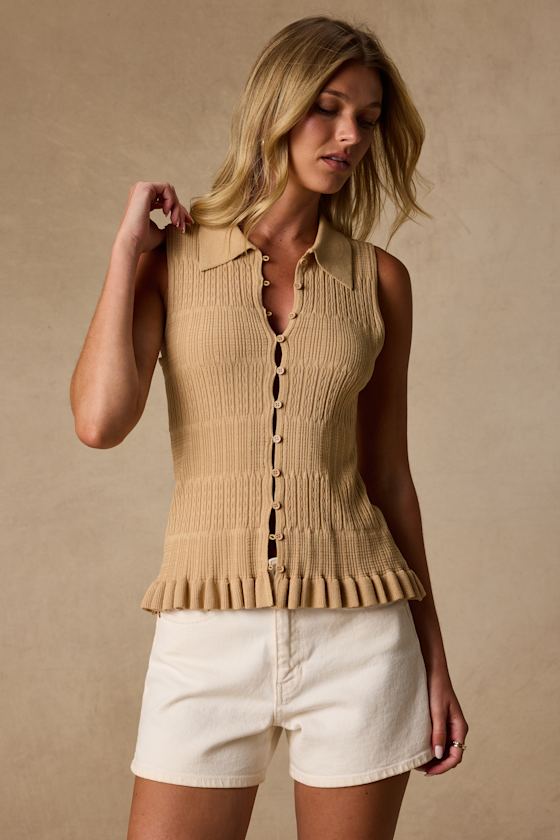 Sana Beige Textured Sweater Knit Tank Top