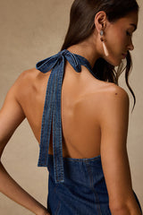 Soleil Dark Wash Denim Halter Wrap Top
