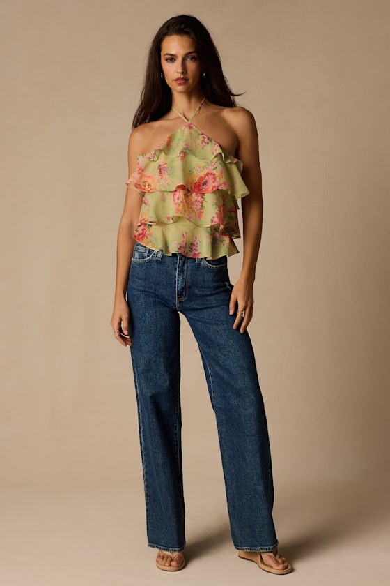 Nolia Light Green Multi Floral Tiered Halter Top