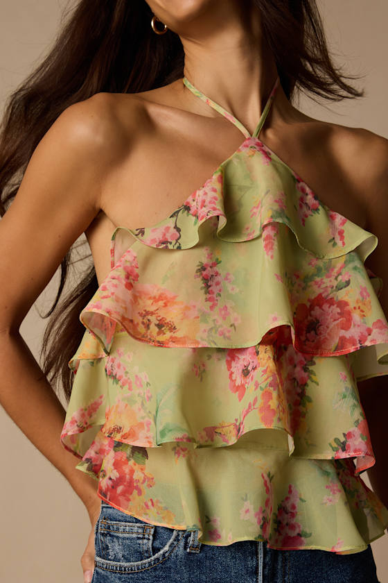 Nolia Light Green Multi Floral Tiered Halter Top