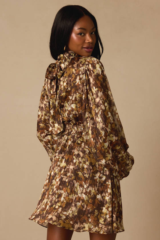 Andie Brown Multi Abstract Floral Mock Neck Mini Dress