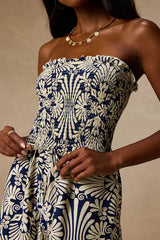 Chelsie Navy Boho Print Smocked Romper