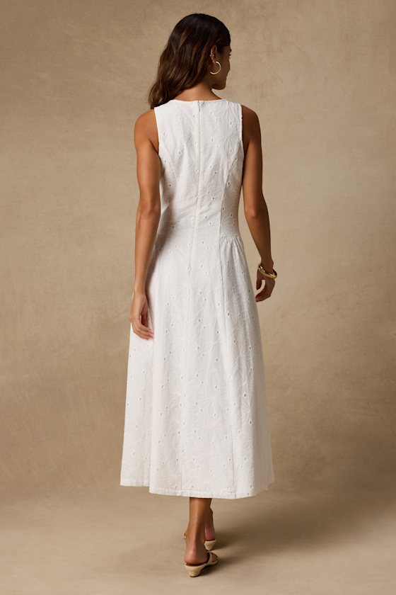 Dandelion White Eyelet Embroidered Drop Waist Midi Dress