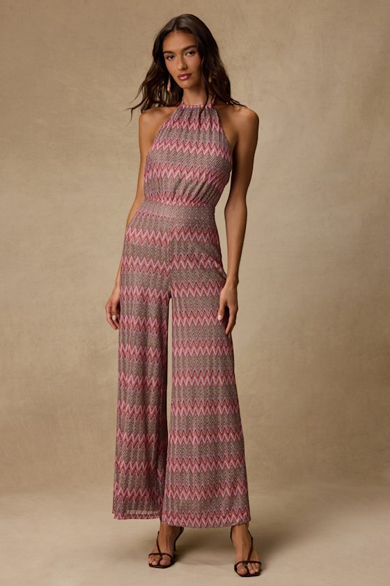Shar Pink Multi Crochet Knit Backless Jumpsuit