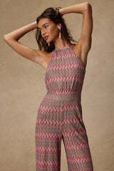 Shar Pink Multi Crochet Knit Backless Jumpsuit