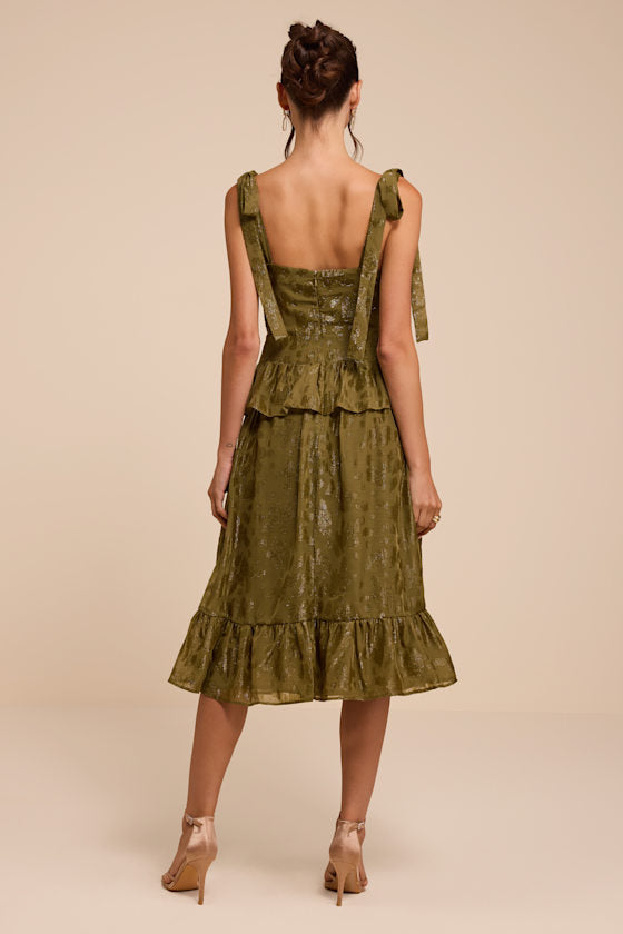 Elethea Olive Floral Jacquard Tie-Strap Midi Dress