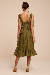 Elethea Olive Floral Jacquard Tie-Strap Midi Dress