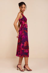 Nyasia Magenta Multi Abstract Tie-Front Midi Dress