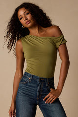 Lulah Olive Green Slinky Knit Asymmetrical Bodysuit