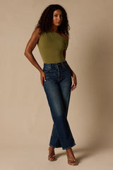 Lulah Olive Green Slinky Knit Asymmetrical Bodysuit
